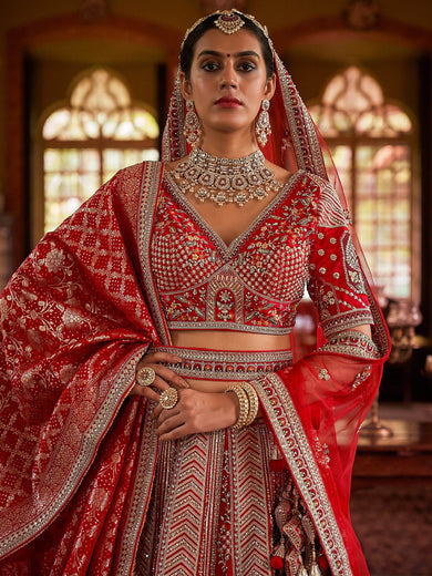 Pretty Red Sequins Silk Bridal Wear Lehenga Choli With Double Dupatta